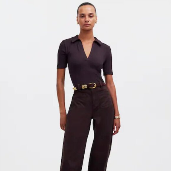 Madewell Drapey Ribbed Short Sleeve Polo Top in Navy Blue XS - Picture 4 of 9